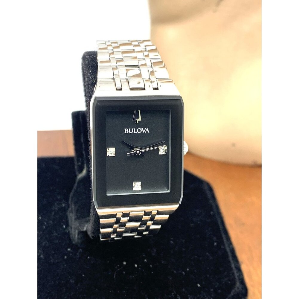 Bulova Womens Watch 96P202 Quartz Black Dial Diamond Quadra Tank Silver Steel